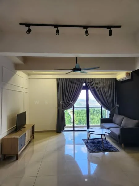 Living features: 3-seater fabric sofa in grey, coffee table, TV console, wall-mounted TV, area rug with geometric pattern, floor-to-ceiling windows, curtains in dark grey, 5-blade ceiling fan with light, recessed downlights, polished tile flooring, decorative wall paneling, view of greenery; style: modern; view: garden.