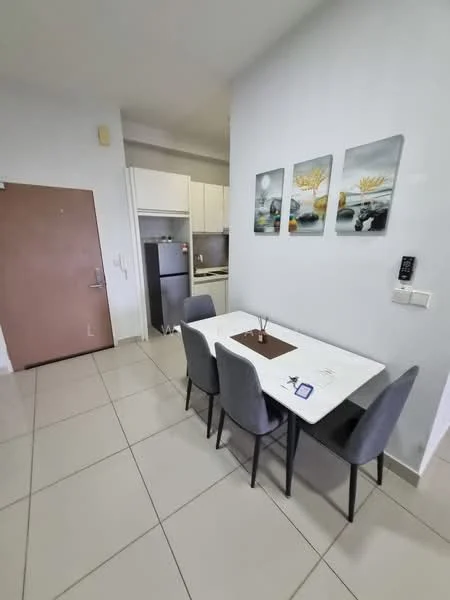 Dining features: white dining table, 4 grey upholstered dining chairs, framed artwork on walls, tile flooring, light grey painted walls, refrigerator, built-in kitchen cabinetry, kitchen countertop, door to hallway; style: modern.