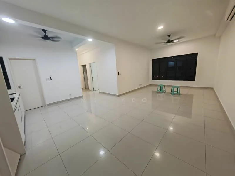 Living features: white painted walls, glossy ceramic tile flooring, 5-blade ceiling fan, large black-framed windows, neutral color scheme, open layout, two green stools, air conditioning unit; style: modern.
