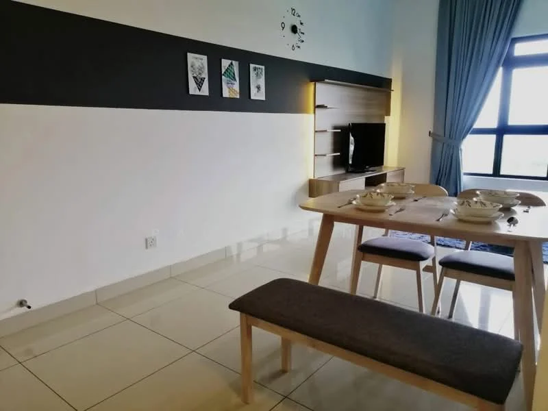 Dining features: dining table with wooden legs, bench seating, 4 dining plates on the table, white walls, black accent wall, wall-mounted TV, wooden TV console, decorative wall art, curtains, tile flooring; style: modern.