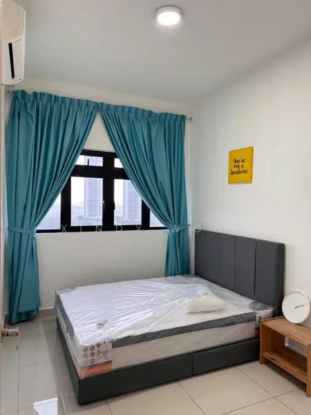 Bedroom features: queen-size bed, upholstered headboard, white bedding, floor-to-ceiling window, blue curtains, white walls, tile flooring, nightstand, table lamp, wall-mounted air conditioning unit, decorative wall art; style: modern; view: city.