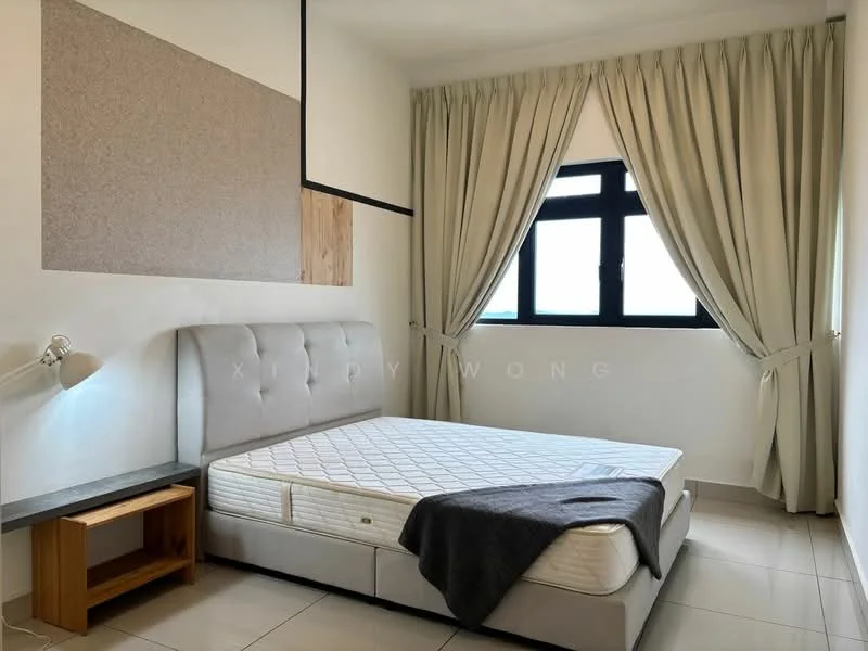 Bedroom features: queen-size bed, upholstered headboard, bedside table, table lamp, floor-to-ceiling window, sheer curtains, cream painted walls, light grey accent wall, tile flooring, decorative throw blanket; style: modern; view: city.