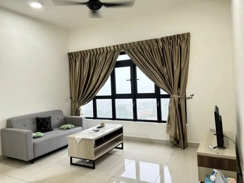 Living features: grey fabric sofa, coffee table, wall-mounted TV, floor-to-ceiling windows, sheer curtains, blackout curtains, recessed downlights, glossy tile flooring, decorative wall art, ceiling fan; style: modern; view: city.