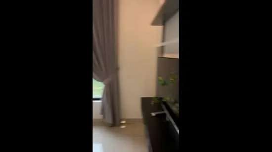 Room features: grey curtains, large window, white walls, tile flooring, dark wooden cabinet, decorative plants; style: modern; view: garden.