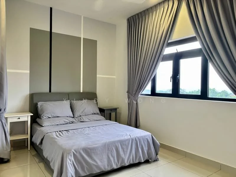 Bedroom features: queen-size bed with grey bedding, upholstered headboard, two bedside tables, floor-to-ceiling window, grey curtains, light grey painted walls, tile flooring, decorative wall panel, natural light from window; style: modern; view: garden.