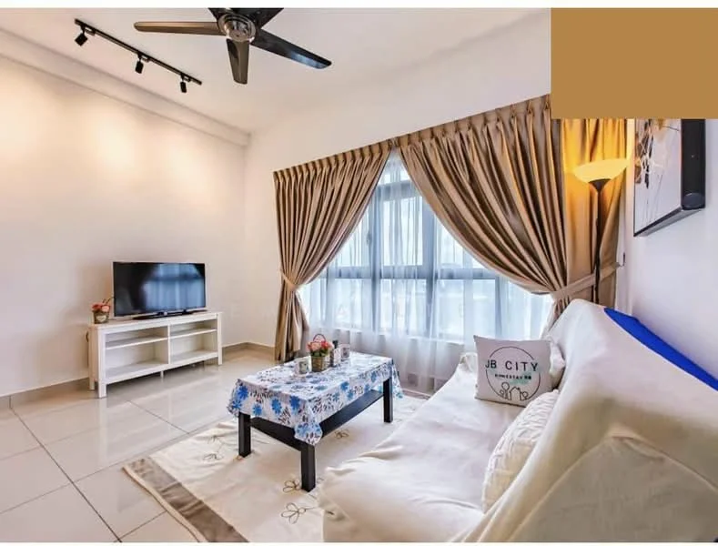Living features: 3-seater fabric sofa in beige, coffee table with floral tablecloth, wall-mounted TV, TV console in white, floor-to-ceiling windows, sheer curtains, heavy drapes in beige, ceiling fan with light, recessed downlights, glossy tile flooring, decorative wall art; style: modern.