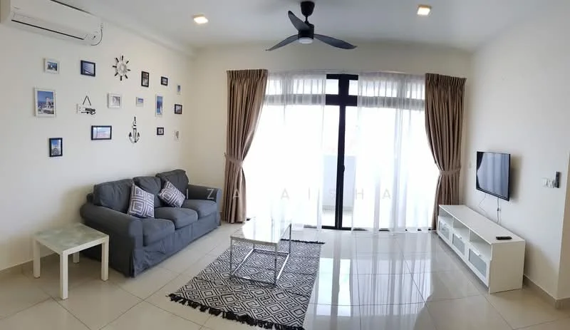 Living features: grey fabric sofa, white coffee table, glass side table, wall-mounted TV, TV console, area rug with geometric pattern, floor-to-ceiling windows, sheer curtains, 5-blade ceiling fan with light, decorative wall art, cream painted walls, glossy tile flooring; style: modern.