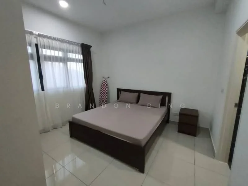 Bedroom features: white painted walls, glossy tile flooring, floor-to-ceiling windows, sheer curtains, queen-size bed, wooden bed frame, nightstand, decorative wall art; style: modern.