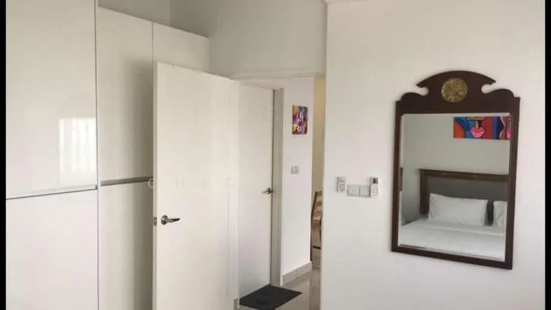Room features: white painted walls, tile flooring, built-in wardrobe with sliding doors, full-length mirror, door to another room, decorative wall art, bed with white bedding.