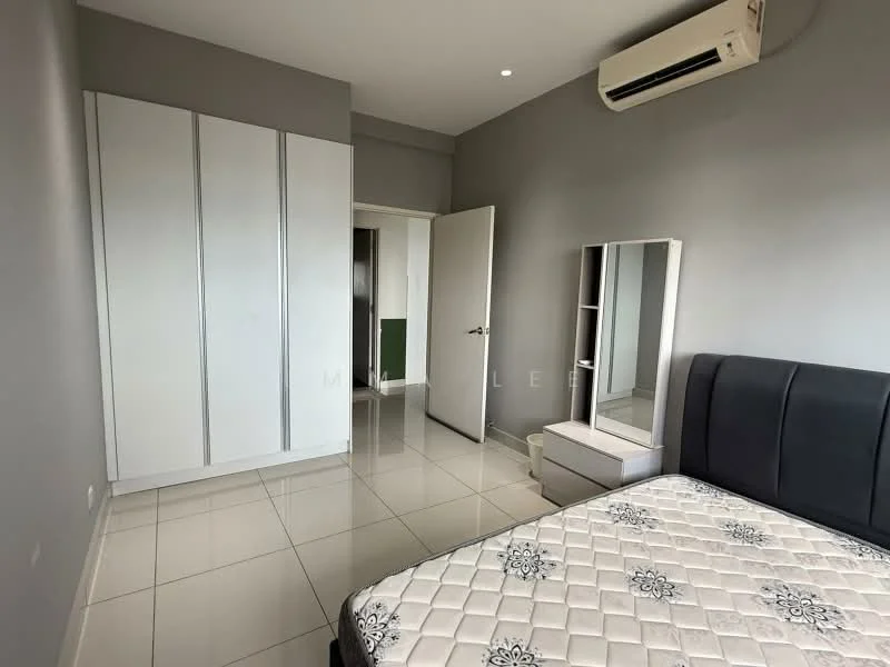 Bedroom features: grey painted walls, white built-in wardrobe, mirror on dresser, queen-size bed, white bedside table, tile flooring, 1 wall-mounted split AC, recessed ceiling lights; style: modern.