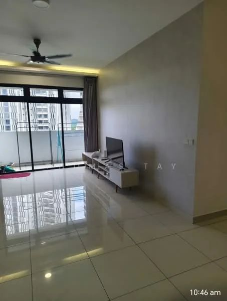 Living features: large floor-to-ceiling windows, sliding glass door, grey accent wall, white painted walls, glossy ceramic tile flooring, ceiling fan, wall-mounted TV, light-colored sofa, coffee table, curtains, decorative items on TV console; style: modern; view: city.