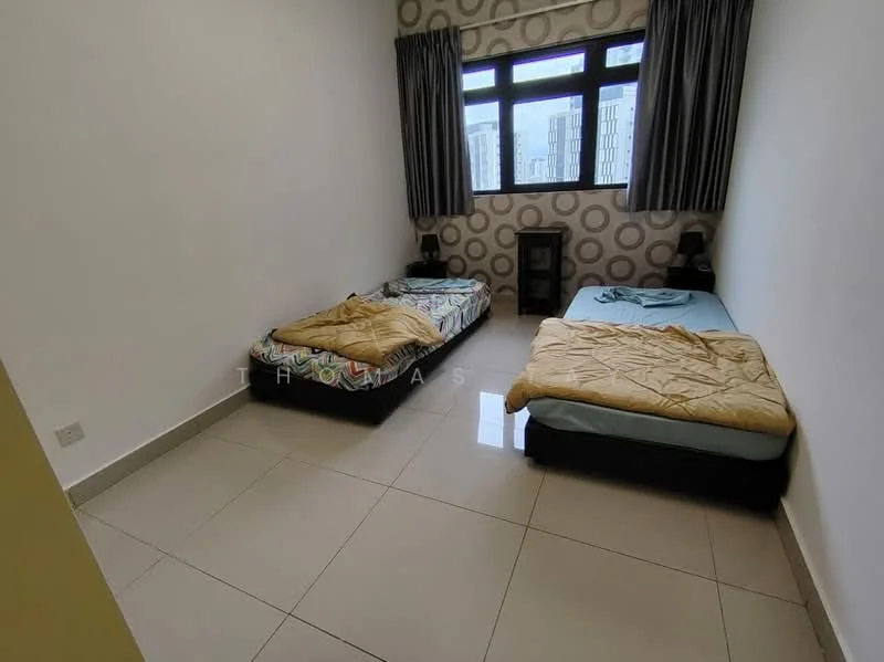 Bedroom features: two single beds, light-colored bedding, decorative wall with circular pattern, floor-to-ceiling window, grey curtains, white painted walls, glossy tile flooring, nightstand, lamp on nightstand; style: modern; view: city.