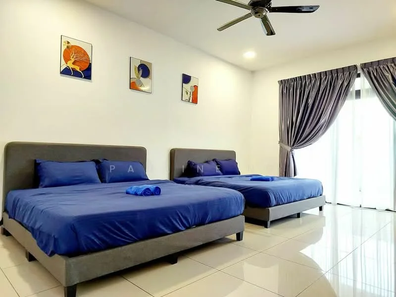 Bedroom features: two queen-size beds with grey upholstered headboards, blue bed linens, white walls, sliding glass door leading to outdoor space, floor-to-ceiling curtains in grey, ceiling fan with light, decorative artwork on walls, glossy tile flooring; style: modern.