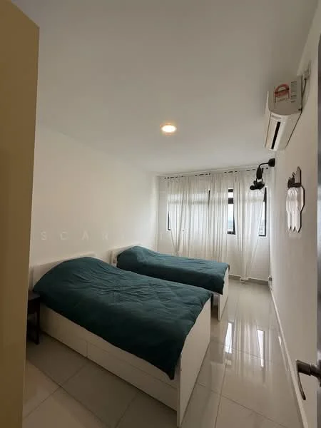 Bedroom features: two single beds with white frames, teal bedspreads, white painted walls, glossy tile flooring, floor-to-ceiling windows, sheer white curtains, 1 wall-mounted split AC, recessed downlights, nightstand, decorative wall art; style: modern.