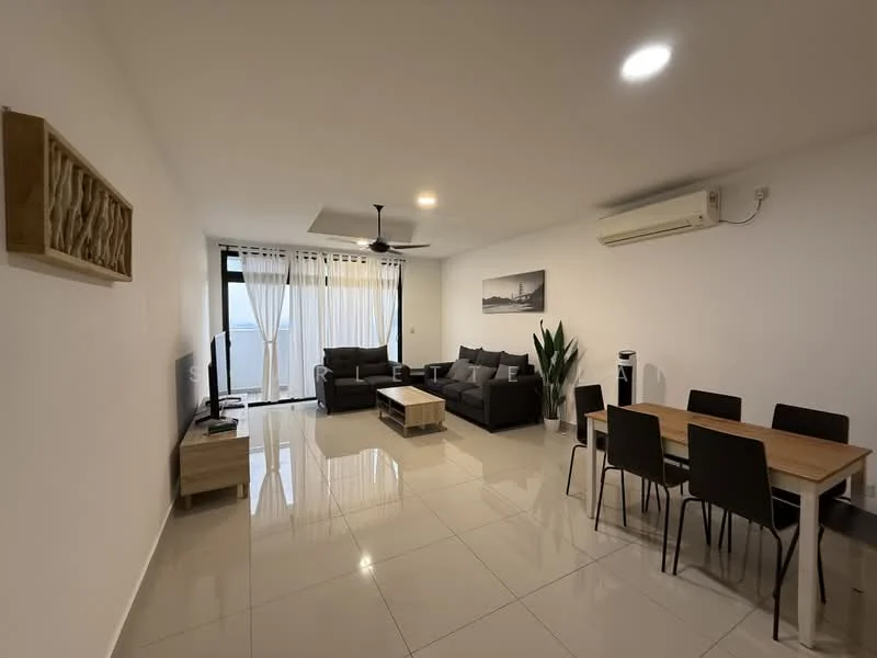 Living features: grey fabric sofa, 2-seater leather sofa, wooden coffee table, TV console, wall-mounted TV, floor-to-ceiling windows, sheer curtains, 5-blade ceiling fan with light, recessed downlights, marble tile flooring, decorative wall art, indoor plant; style: modern; view: city. Dining features: wooden dining table for 6, black dining chairs, marble tile flooring; style: modern; view: city.