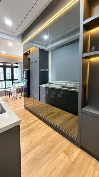 Kitchen features: grey cabinetry, mirrored cabinet doors, stainless-steel sink, chrome pull-down faucet, grey countertop, open shelving, wooden flooring, recessed lighting; style: modern.