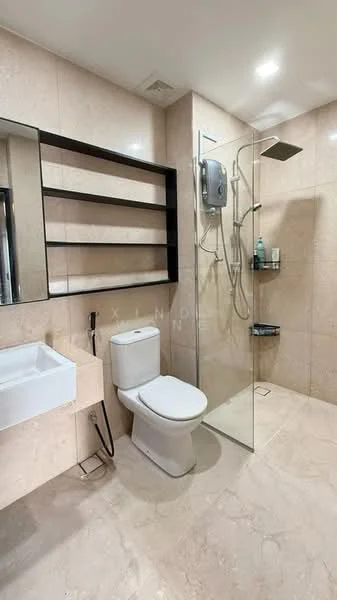 Bathroom features: cream marble tile flooring, cream tiled walls, walk-in shower with glass enclosure, rain shower head, handheld shower, chrome basin mixer faucet, single-sink vanity with wall-mounted cabinet, framed mirror, toilet, shelf unit, built-in toiletries storage, recessed lighting; style: modern.
