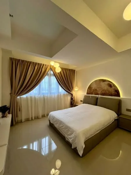 Bedroom features: king-size bed, upholstered headboard, white bedding, floor-to-ceiling windows, sheer curtains, heavy drapes, recessed lighting, decorative wall panel with backlighting, glossy tile flooring, nightstand with lamp, wall-mounted light fixture; style: modern; view: city.