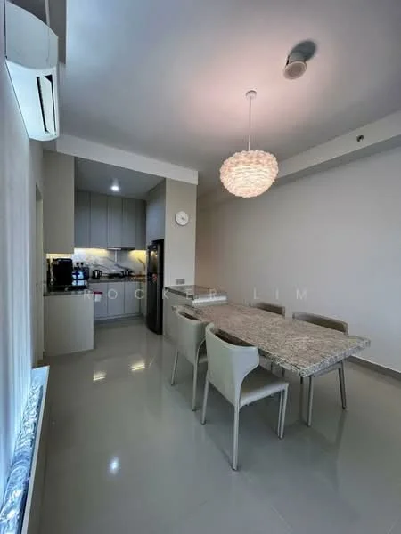 Dining features: 6-seater dining table with granite top, upholstered dining chairs, pendant light fixture, recessed downlights, wall-mounted air conditioning unit, grey tiled flooring, white painted walls, clock on wall, open kitchen area visible in background; style: modern.