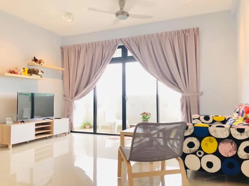 Living features: 5-blade ceiling fan, floor-to-ceiling windows, sheer curtains, light-coloured walls, glossy tile flooring, TV console with storage, wall-mounted TV, decorative shelf with toys, multicoloured patterned sofa, indoor plants, coffee table, area rug; style: modern; view: city.