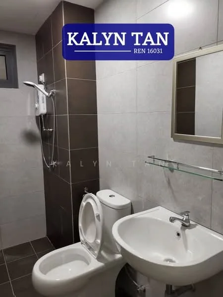 Bathroom features: grey tiled walls, dark grey tiled flooring, single-sink vanity with white basin, chrome basin mixer faucet, one-piece toilet, shower with wall-mounted showerhead, framed mirror, glass shelf, window for natural light; style: modern.