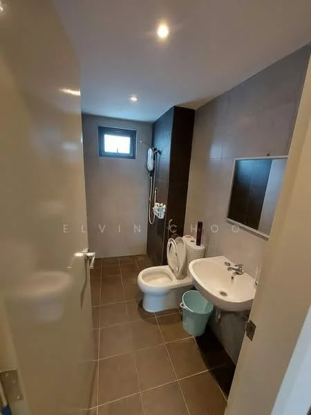 Bathroom features: grey tiled walls, light grey floor tiles, single-sink vanity with wall-mounted faucet, framed mirror above sink, one-piece toilet, shower with handheld showerhead, small window for natural light, recessed downlights, towel rack, waste bin; style: modern.