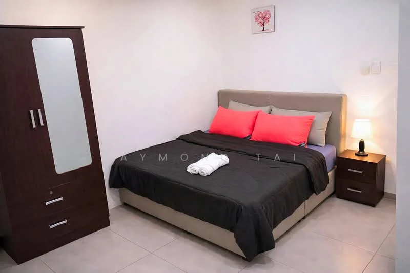 Bedroom features: queen-size bed with upholstered headboard, grey bedding with pink accent pillows, nightstand with lamp, wooden wardrobe with mirror, light-colored walls, tile flooring, decorative wall art, table lamp; style: modern.