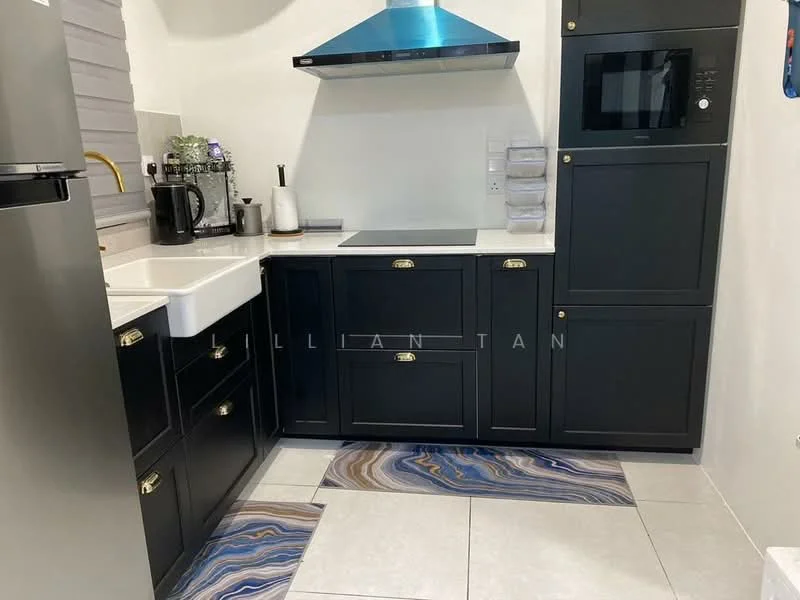 Kitchen features: black cabinetry with gold handles, white quartz countertop, single-bowl ceramic sink, chrome pull-down faucet, built-in microwave, stainless-steel fridge, stainless-steel range hood, induction cooktop, decorative backsplash, marble-patterned floor tiles, wall-mounted storage, kitchen appliances visible; style: modern.