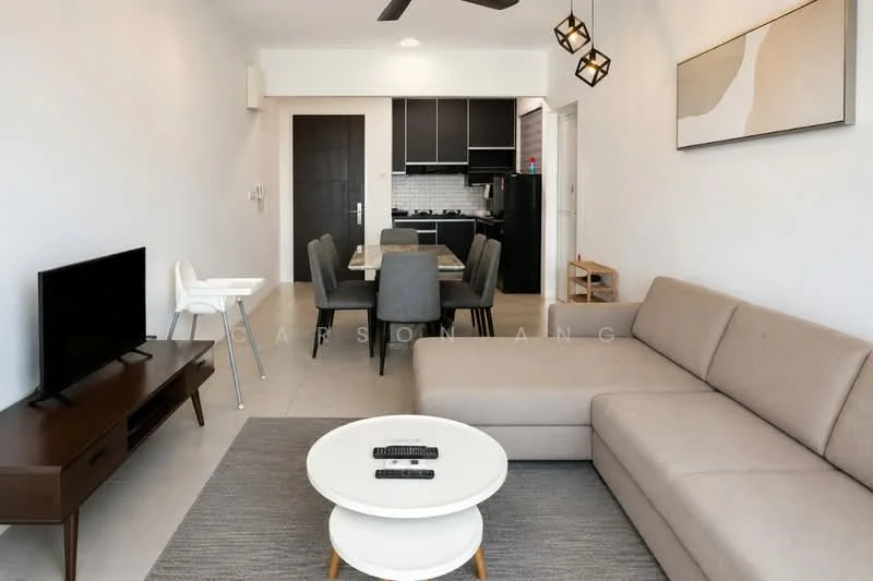 Living features: L-shape sectional sofa in light grey, coffee table with round top, wall-mounted TV, TV console in dark wood, 5-blade ceiling fan with light, recessed downlights, white painted walls, tile flooring, decorative wall art; style: modern. Dining features: 6-seater dining table, upholstered dining chairs in grey, pendant lighting above dining table, open layout to kitchen, white painted walls, tile flooring; style: modern.