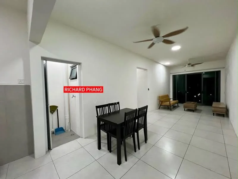 Living features: white painted walls, tile flooring, 5-blade ceiling fan, recessed downlights, floor-to-ceiling windows, sliding glass door, dining table with 4 chairs, 2 armchairs, coffee table, open layout; style: modern. Room features: grey tiled walls, utility area with broom, door leading to bathroom, light switch.