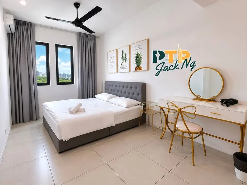 Bedroom features: queen-size bed with grey upholstered headboard, white bedding, 2 bedside tables, gold accent chairs, white desk with round mirror, ceiling fan, floor-to-ceiling windows, grey curtains, tile flooring, wall-mounted air conditioning unit, decorative wall art; style: modern; view: city.