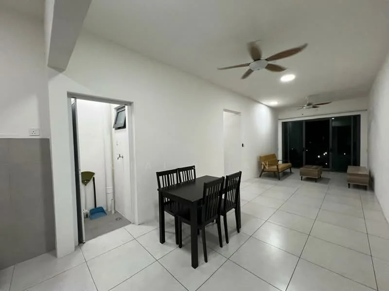 Living features: white painted walls, tile flooring, 5-blade ceiling fan, recessed downlights, floor-to-ceiling windows, sliding glass door, dining table with 4 chairs, 2-seater sofa, 2 lounge chairs, open layout; style: modern; view: city. Room features: white painted walls, tile flooring, doorway to bathroom, cleaning supplies visible.