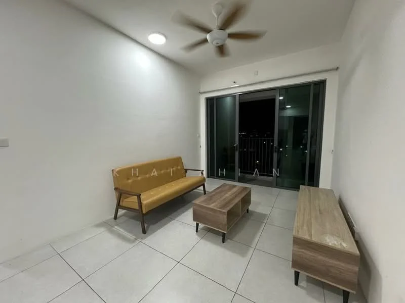Living features: white painted walls, tile flooring, 5-blade ceiling fan, 2-seater leather sofa in mustard, wood coffee table, wood TV console, floor-to-ceiling sliding glass door, curtains, balcony view; style: modern; view: city.