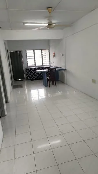 Room features: white painted walls, white tiled flooring, ceiling fan, window with multiple panes, kitchen counter with sink, wooden dining chair, open layout, light fixture on ceiling; style: modern.