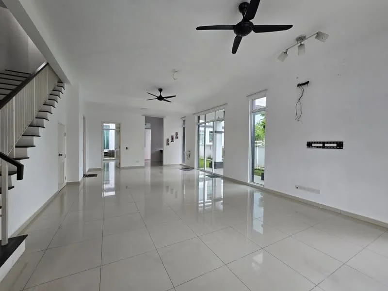 Living features: white painted walls, glossy ceramic tile flooring, 5-blade ceiling fan, 2-blade ceiling fan, large floor-to-ceiling windows, sliding glass door, recessed downlights, wall-mounted TV console, open layout, natural light, neutral color scheme, staircase visible; style: modern; view: garden.