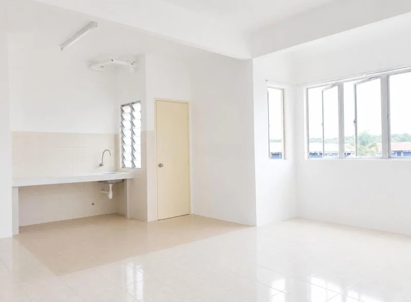 Kitchen features: white painted walls, beige tiled backsplash, light beige tiled floor, white glossy tiled floor, simple white ceiling, fluorescent tube light, built-in concrete sink counter, stainless-steel sink, chrome faucet, small louvered window, cream-colored door, open under-counter storage space, plain white wall tiles, large corner window, aluminium window frames; style: minimalist; view: garden.