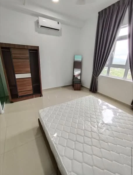 Bedroom features: queen-size bed, wall-mounted split AC, floor-to-ceiling window, grey curtains, light-colored walls, tile flooring, wooden wardrobe, full-length mirror, natural light, minimalist decor; style: modern; view: garden.