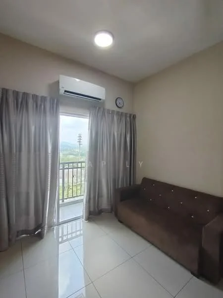 Living features: brown fabric sofa, floor-to-ceiling windows, sheer curtains, white painted walls, recessed ceiling light, glossy tile flooring, wall-mounted split AC, clock on the wall; style: modern; view: mountain.