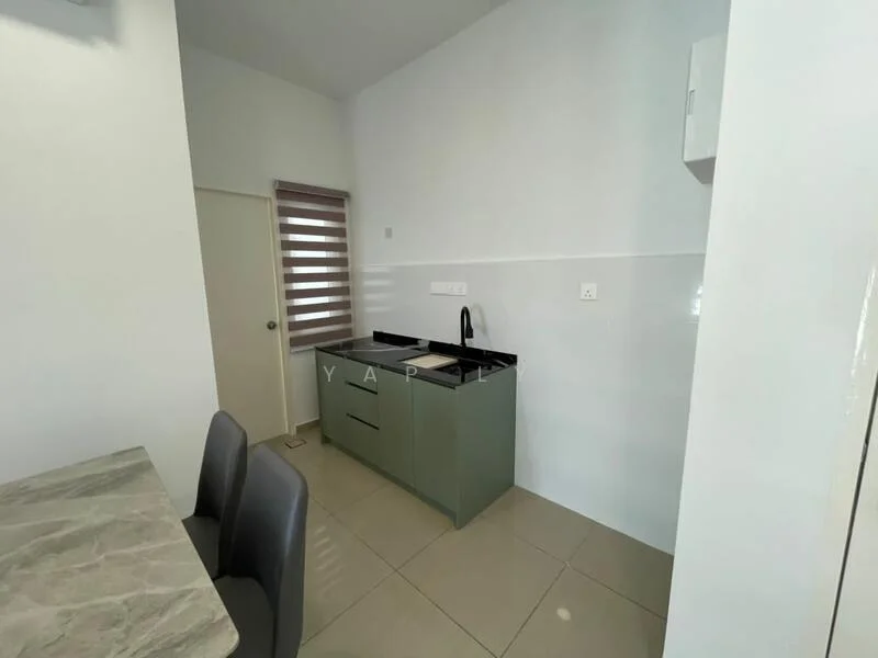 Kitchen features: green cabinetry, black countertop, single-bowl stainless-steel sink, chrome pull-down faucet, white tiled backsplash, ceramic tile flooring, recessed downlights, window with blinds, breakfast bar with marble top, 2 grey dining chairs; style: modern.