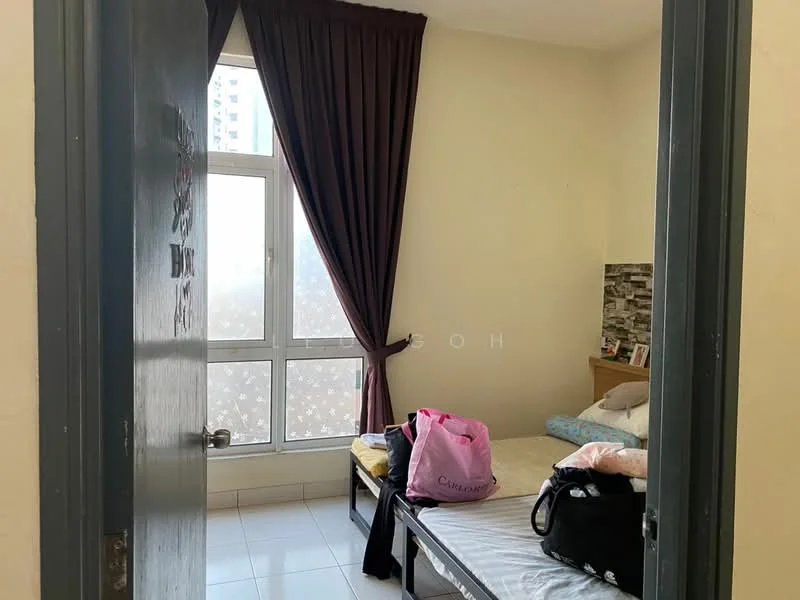 Bedroom features: single bed, white bedding, dark curtains, floor-to-ceiling window, grey accent wall with stone cladding, white tiled flooring, decorative items on bedside table, clothes and bags on the floor.