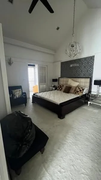 Bedroom features: king-size bed with upholstered headboard, white bedding, black and white decorative pillows, chandelier light fixture, ceiling fan, white painted walls, grey accent wall with geometric pattern, carpet flooring, sliding glass door, window with shutters, nightstands with lamps, black upholstered chair; style: modern.