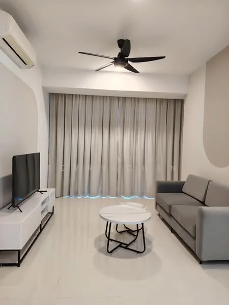 Living features: 3-seater fabric sofa in grey, coffee table with black metal legs, wall-mounted TV, TV console in white with black accents, floor-to-ceiling windows, sheer curtains, 5-blade ceiling fan with light, white painted walls, polished tile flooring, air conditioning unit; style: modern.