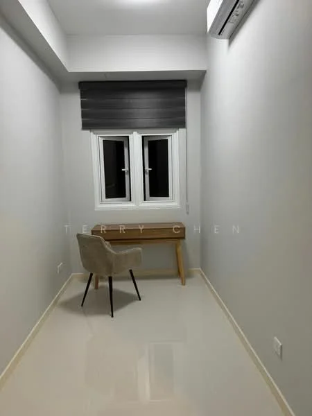Room features: light grey painted walls, glossy white tile flooring, single window with white frame, roller blinds in dark grey, wooden desk, upholstered chair, air conditioning unit on wall; style: modern.