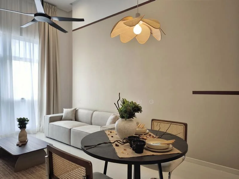 Living features: 3-seater fabric sofa in light grey, round dining table, upholstered dining chairs, pendant lamp with floral design, floor-to-ceiling windows with sheer curtains, light-coloured walls, white tiled flooring, decorative plant in ceramic pot, wooden coffee table; style: modern.