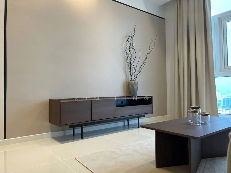 Living features: light grey painted walls, white tiled flooring, large window with city view, beige curtains, wooden media console with drawers, decorative vase with branches, coffee table, area rug; style: modern; view: city.