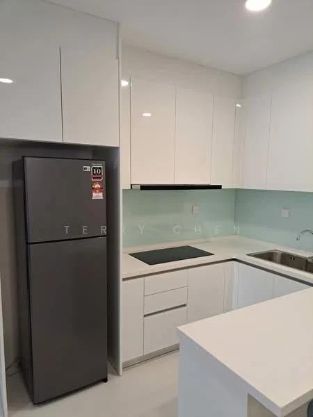 Kitchen features: white cabinetry, grey refrigerator, stainless-steel sink, chrome pull-down faucet, white countertop, glass backsplash in light green, built-in cooktop, under-cabinet lighting, wall-mounted range hood; style: modern.