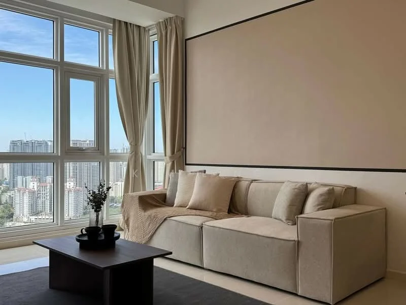 Living features: 3-seater fabric sofa in beige, decorative throw pillows, coffee table in dark wood, floor-to-ceiling windows, sheer curtains, city skyline view, light-colored wall, dark area rug; style: modern; view: city.