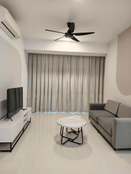 Living features: 3-seater fabric sofa in grey, round coffee table with black metal legs, wall-mounted TV, white TV console, floor-to-ceiling windows, sheer curtains, 5-blade ceiling fan with light, white painted walls, glossy tile flooring, recessed downlights; style: modern.