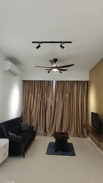 Living features: 3-seater fabric sofa in navy blue, coffee table, wall-mounted TV, TV console, area rug with geometric pattern, 5-blade ceiling fan with light, recessed LED downlights, cream painted walls, floor-to-ceiling curtains in beige, glossy tile flooring, wood feature wall, air conditioning unit; style: modern.