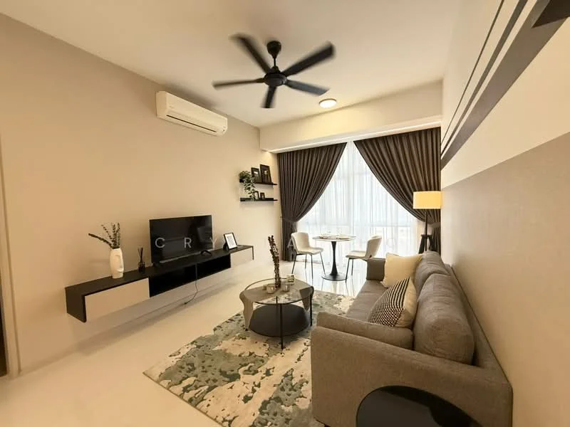 Living features: 3-seater fabric sofa in grey, coffee table with round top, area rug with abstract pattern, wall-mounted TV, TV console with storage, floor-to-ceiling windows, sheer curtains, blackout curtains, ceiling fan with light, decorative plant in vase, 2 accent chairs, small round dining table for two, wall-mounted shelves, light fixture on wall; style: modern.